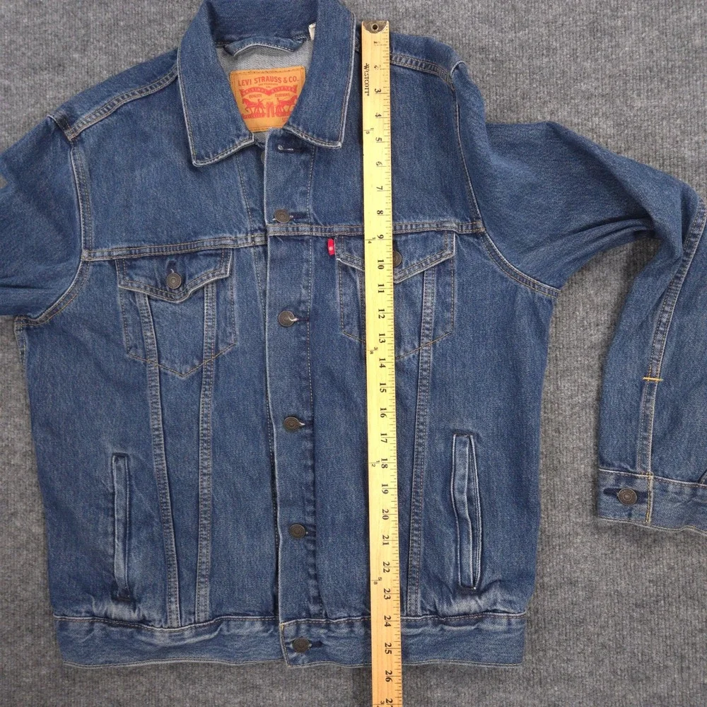 Levis‎ Trucker Jacket Mens L Blue Fort Mason Camo Patch Back Medium Wash Denim